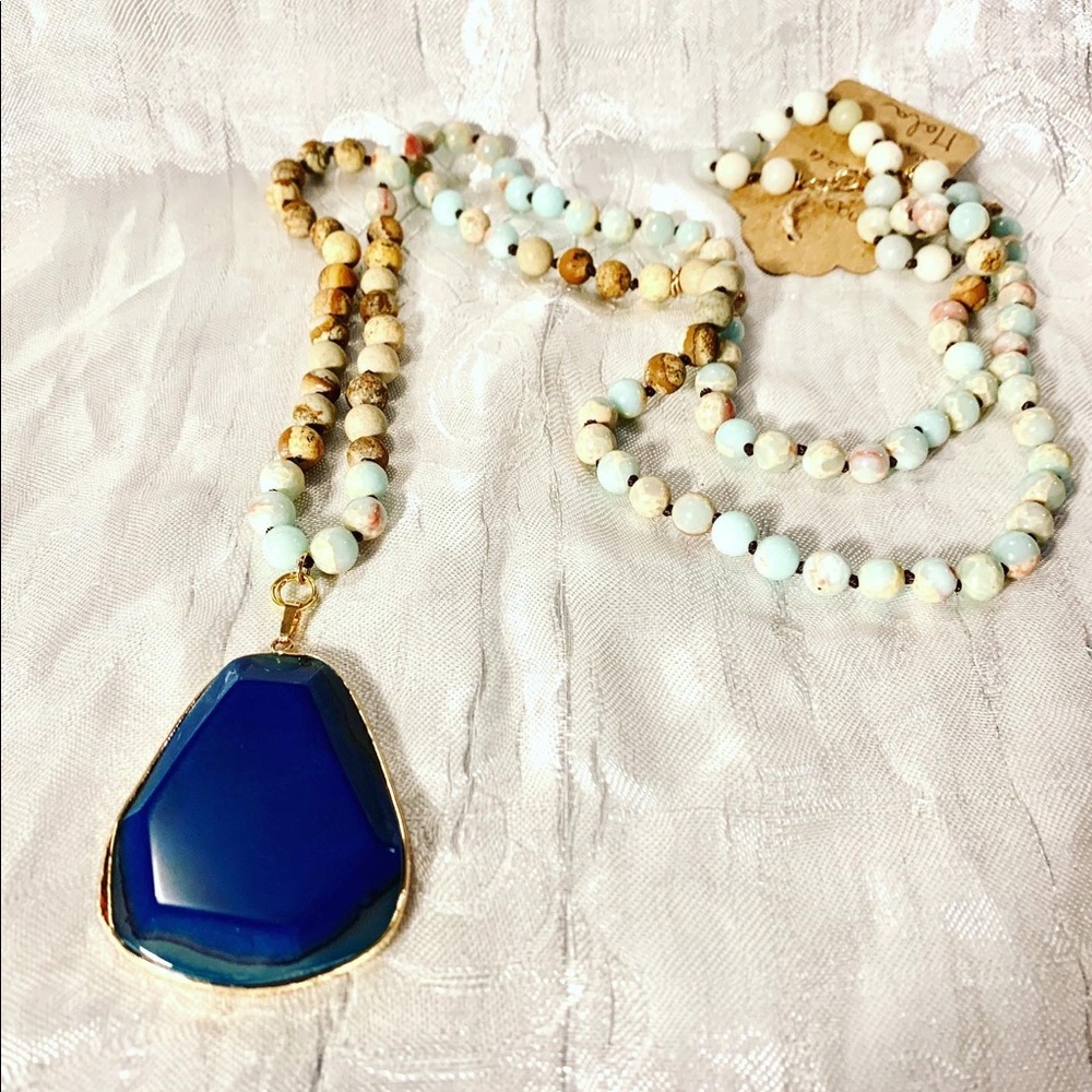 Praying Mala, Agate Pendant & Amazonite Beads